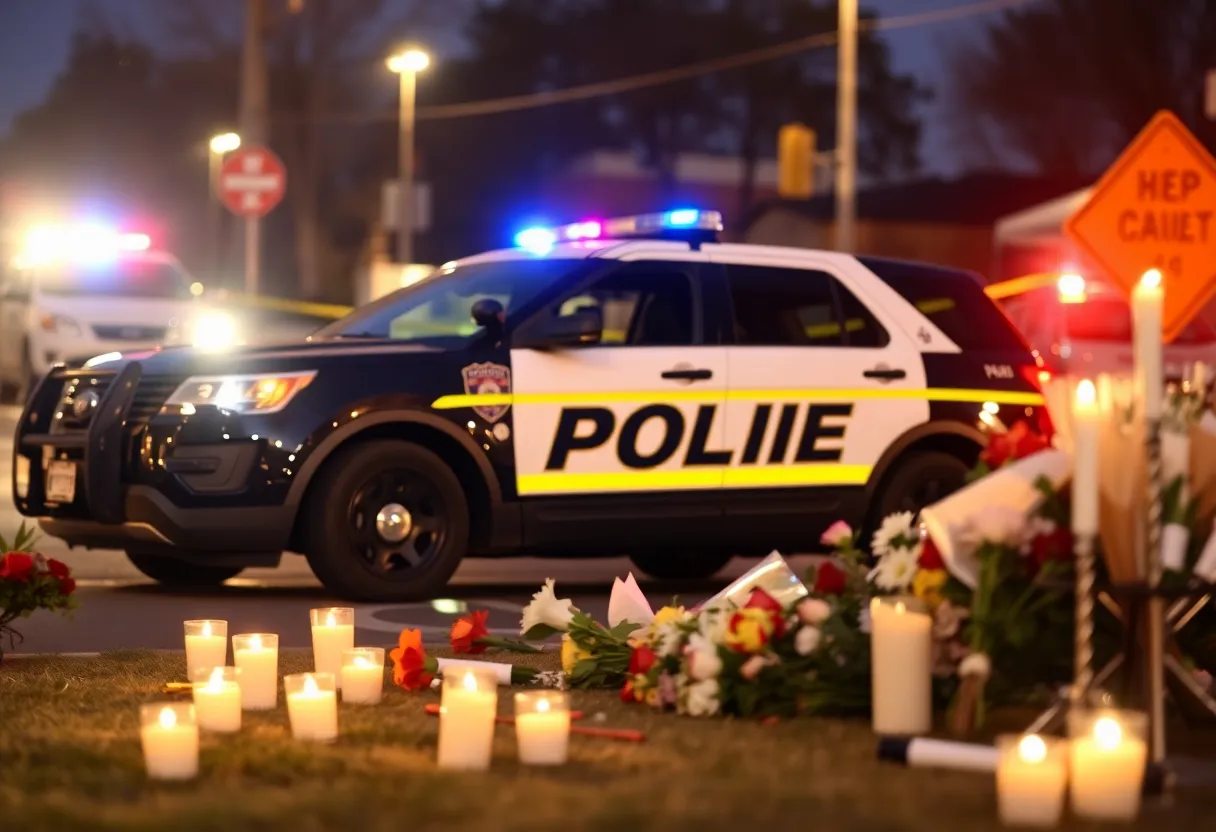 A police car at a collision site with memorial flowers.