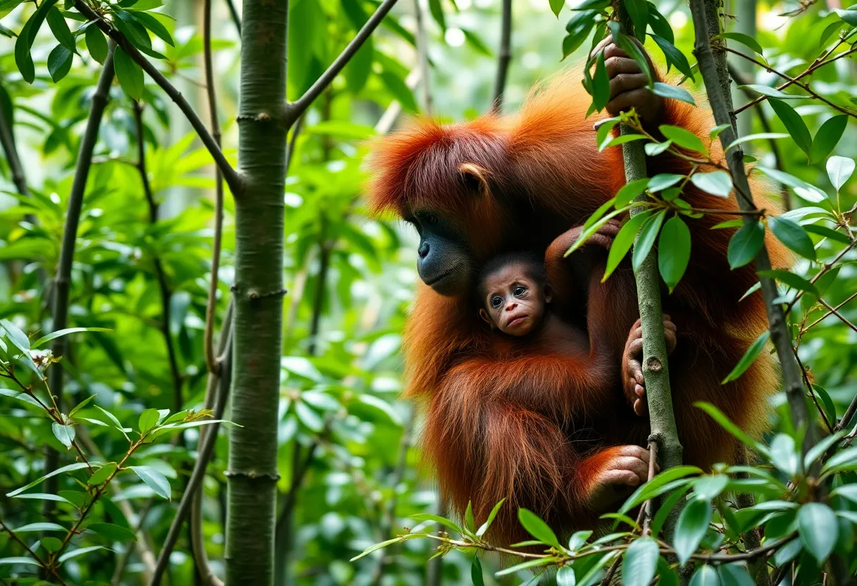 A baby Bornean orangutan with its mother in a lush rainforest exhibit.