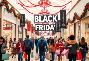 Families enjoying Black Friday shopping at an outlet mall in Southern California