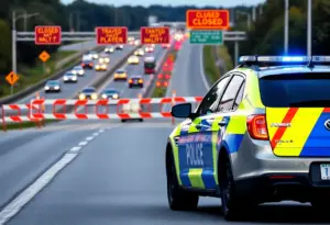Police patrol car managing traffic on closed Burbank Freeway
