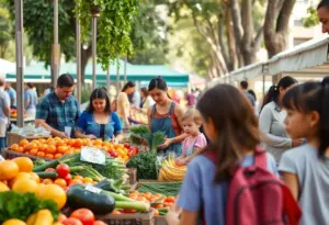 Families shopping for fresh produce at a farmers' market in Los Angeles.