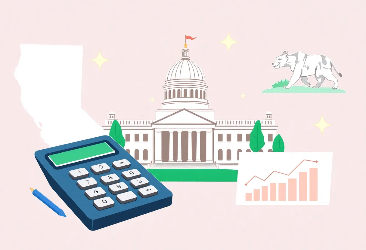 Illustration representing California's budget deficit with financial elements.