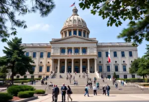 California lawmakers discussing budget allocations outside the Capitol building