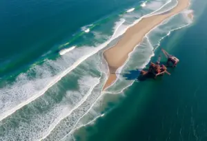 Aerial view of California coastline juxtaposed with oil drilling equipment in the ocean.