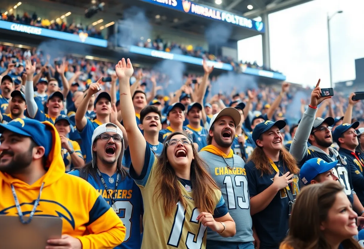 Chargers fans displaying team spirit at a game