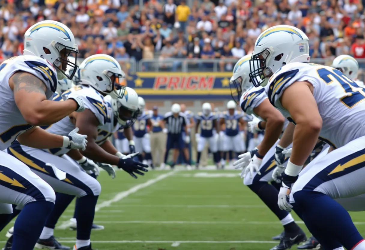 Chargers offensive line during a game showcasing their effort and teamwork