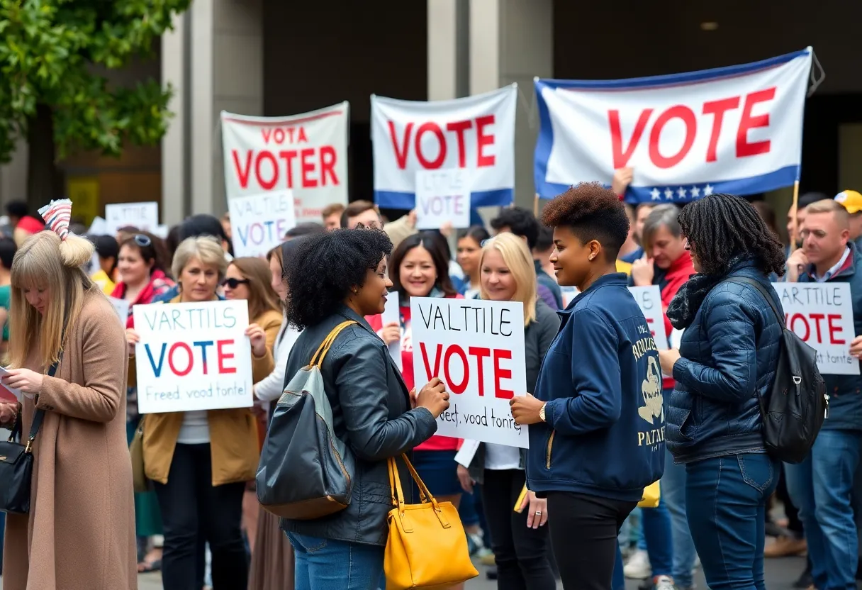 Diverse individuals participating in a voting event