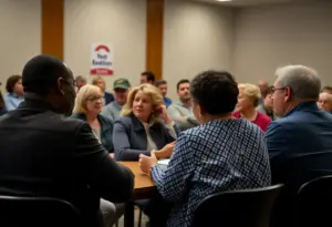 Voters discussing local issues at a community meeting.