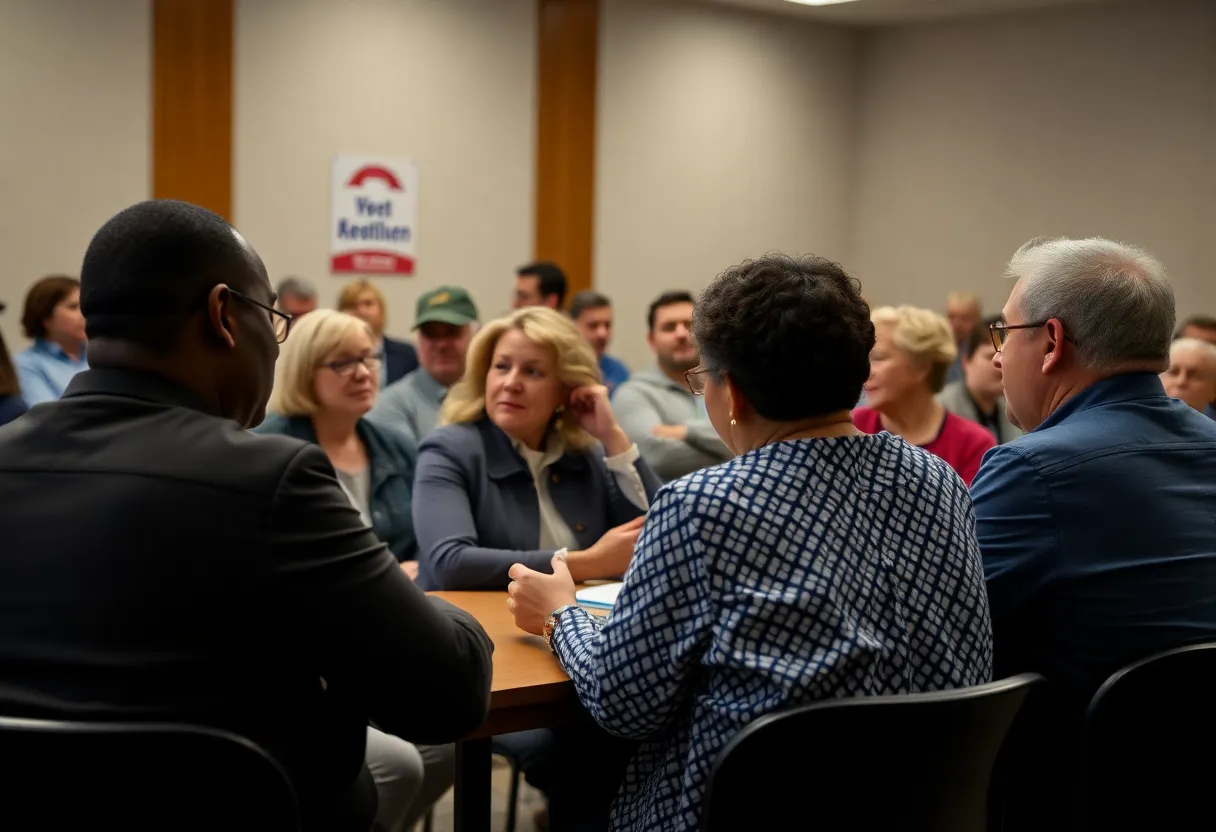 Voters discussing local issues at a community meeting.