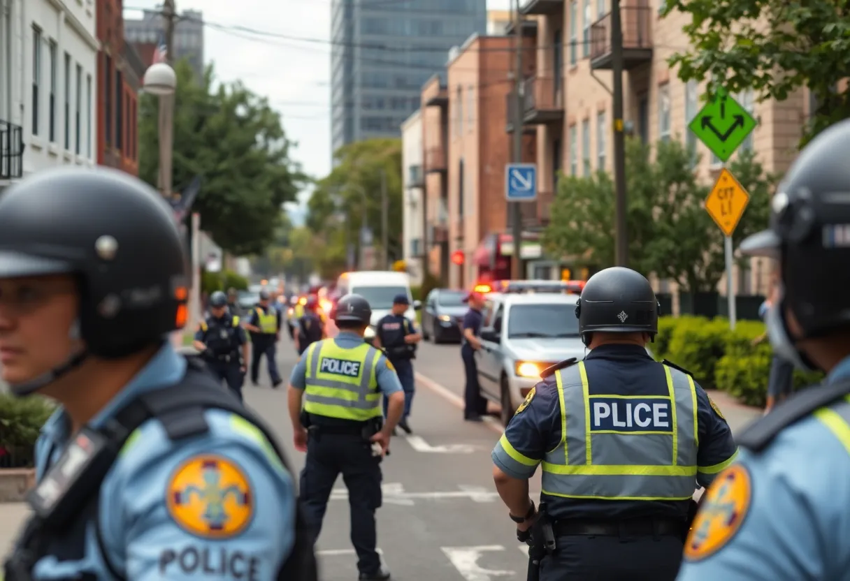 Neighborhood scene depicting police presence and community reaction