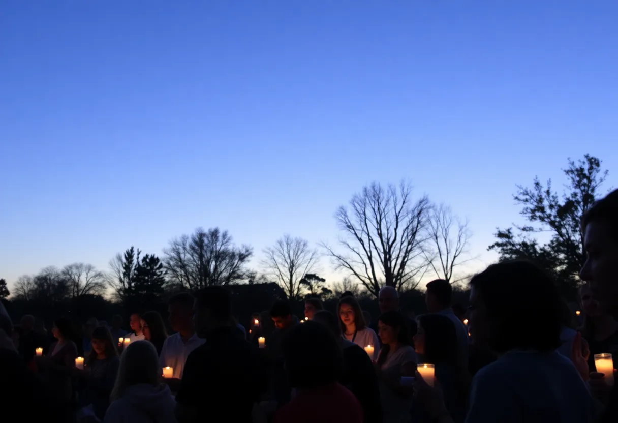 Community gathering with candles for a missing child vigil