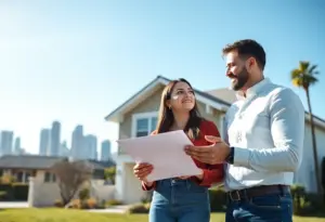 A young couple contemplating home financing options under the sunny Los Angeles skyline.