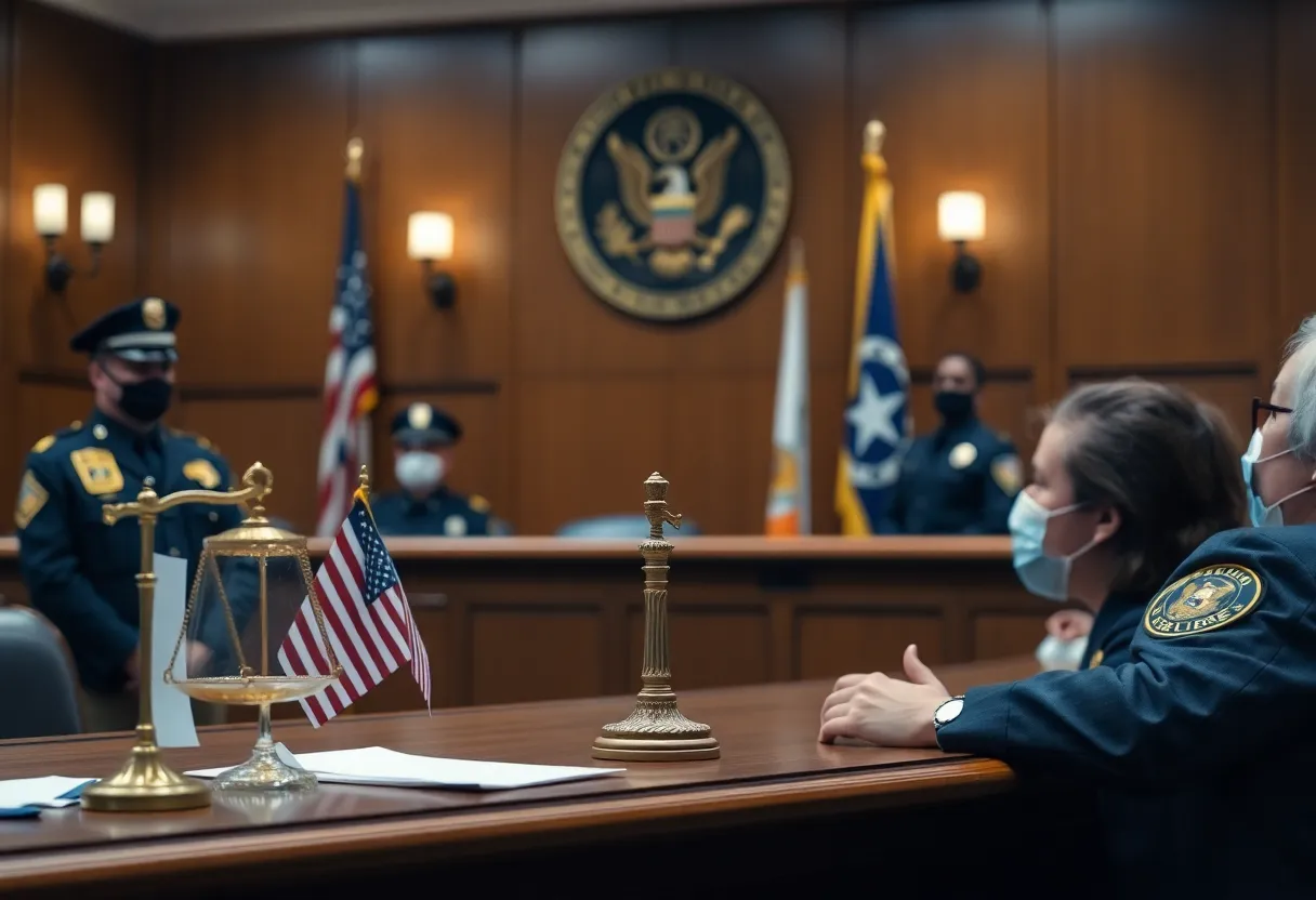 Courtroom scene depicting the conflict between federal and state laws