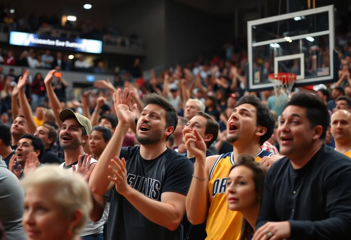 Fans reacting in an arena during a Lakers vs Hawks basketball game