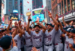 Fans celebrating the Los Angeles Dodgers' World Series victory.