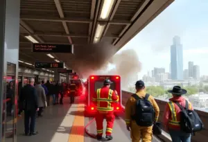 Emergency responders at a Los Angeles Metro station during an evacuation due to smoke.