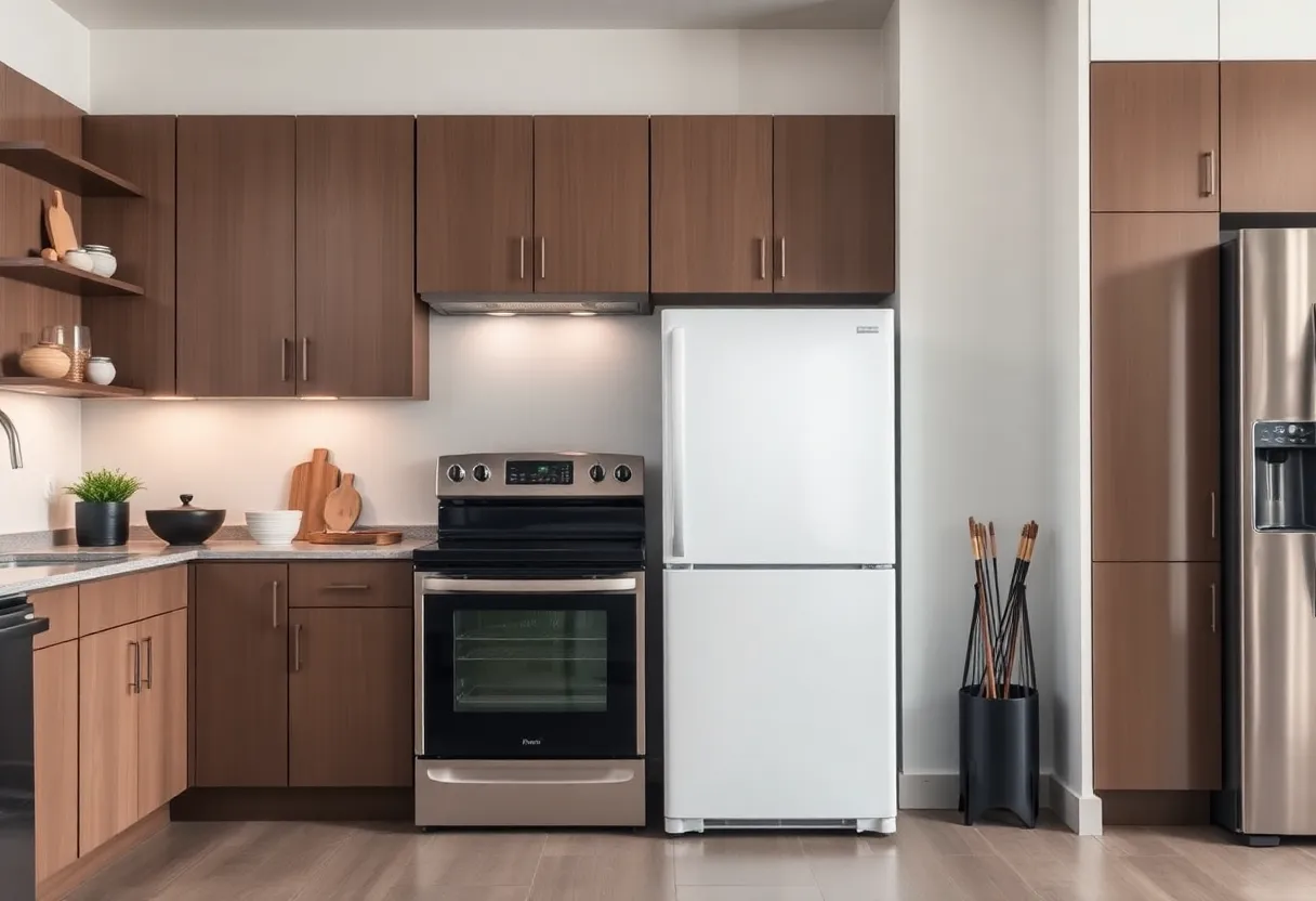 An energy-efficient refrigerator in a modern Los Angeles kitchen.