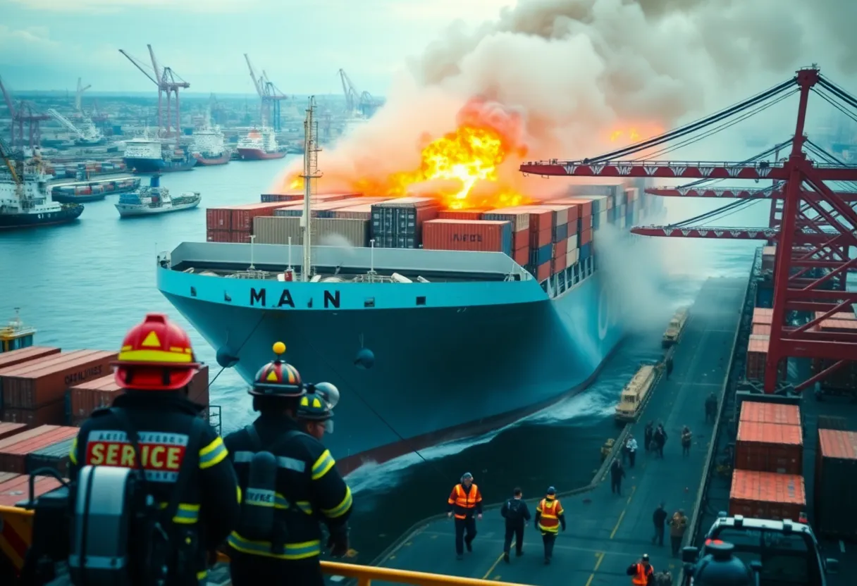 Firefighters combating a fire on a large container ship at the Port of Los Angeles.