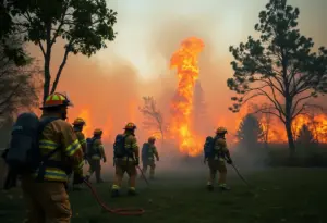 Firefighters actively fighting a wildfire in Los Angeles.