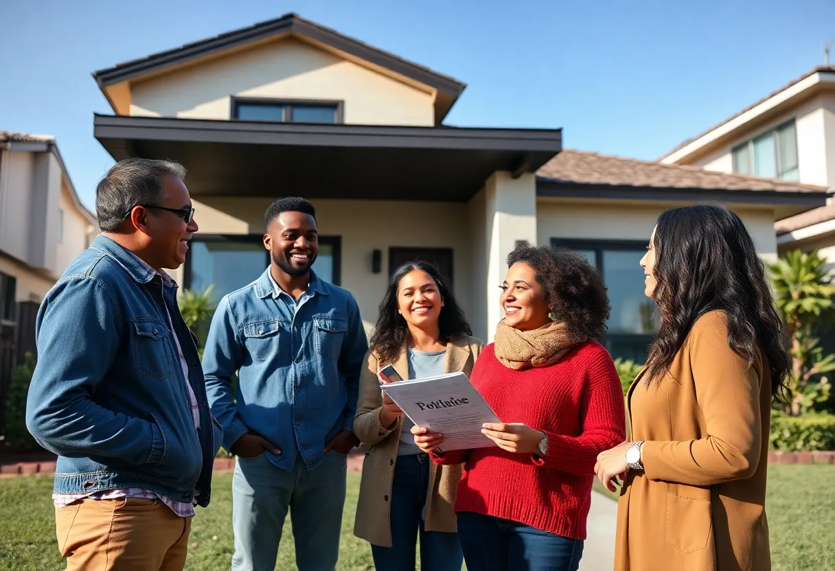 Diverse first-time homebuyers strategizing in front of a house in Los Angeles