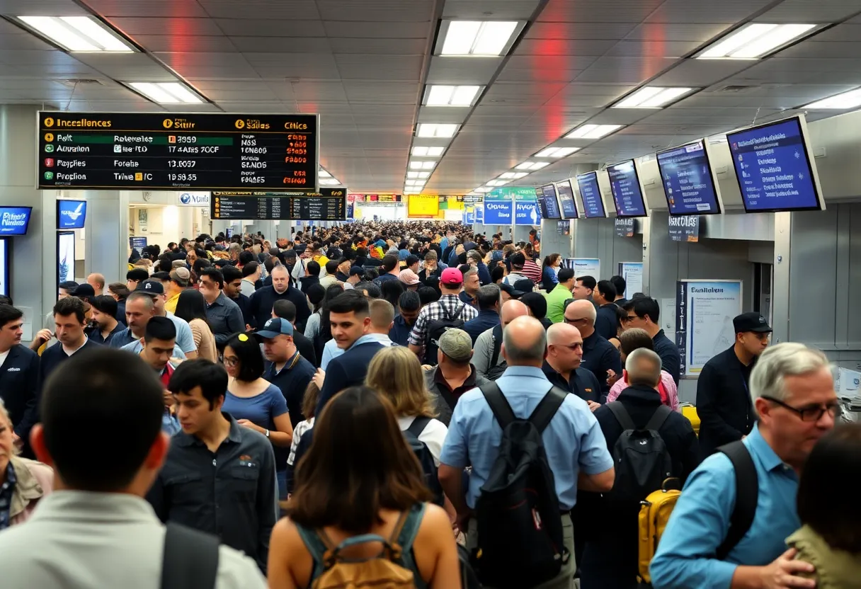 Airport terminal with flight cancellation signs and travelers looking frustrated
