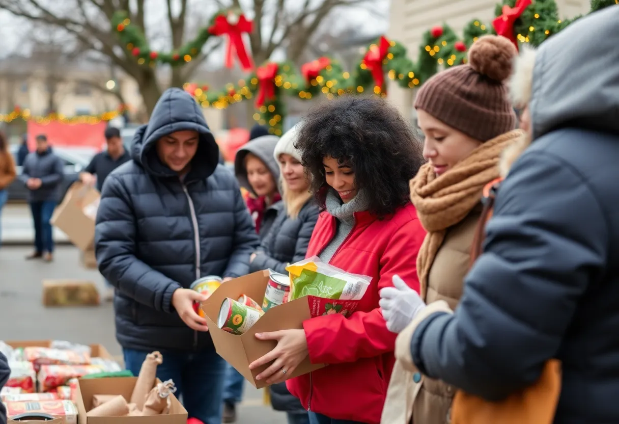 Volunteers at a community food donation event during the holiday season.