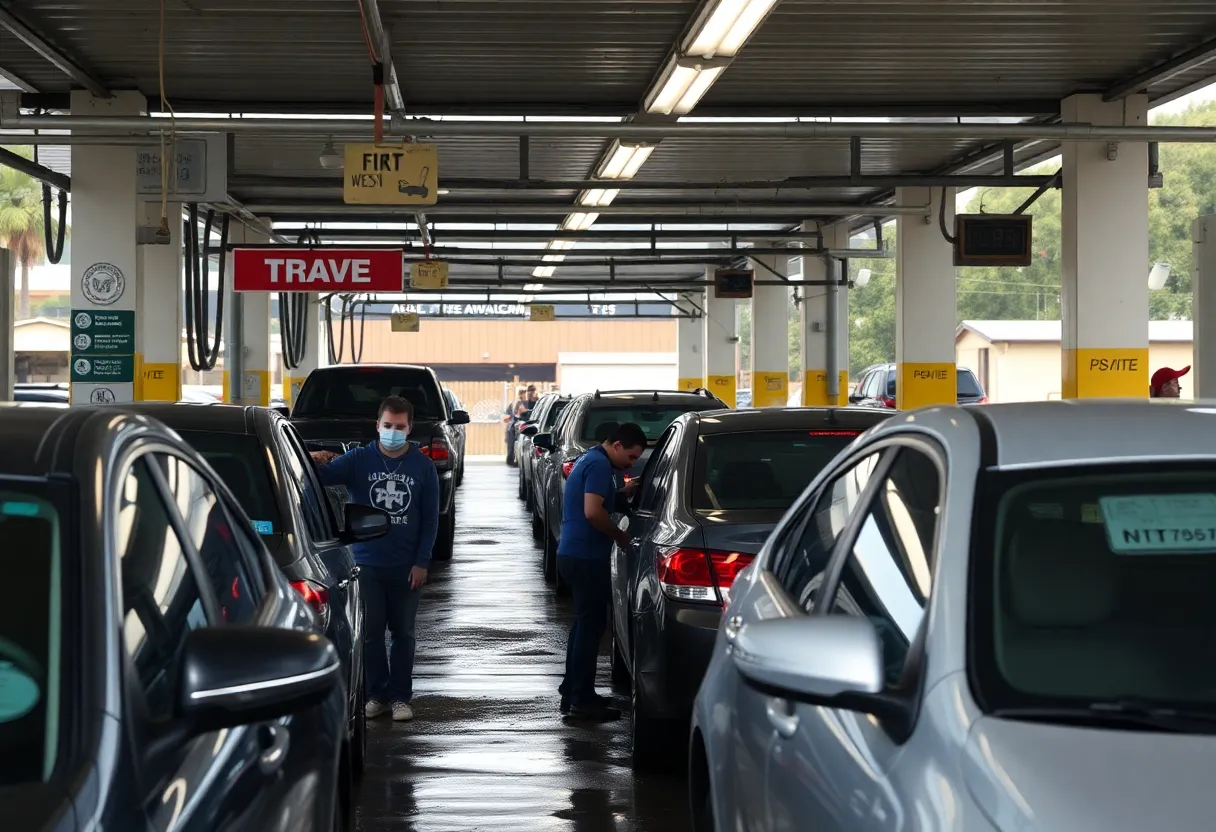Car wash workers in a Southern California car wash amidst concerns over immigration raids