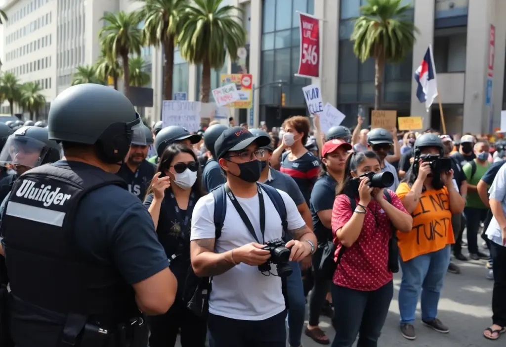 Diverse journalists capturing news during a Los Angeles protest.