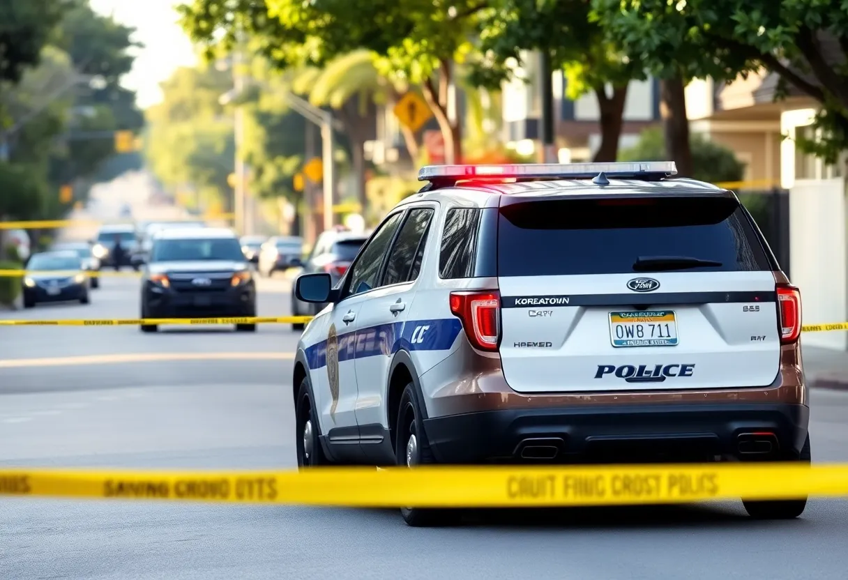 Police car blocking a street in Koreatown with caution tape