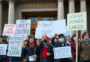 Activists holding signs in support of workers' rights during a protest.