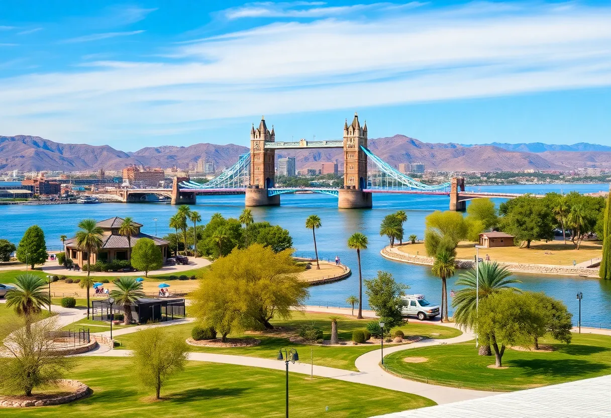 Scenic view of Lake Havasu City with London Bridge