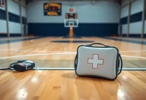Basketball court with a medical kit symbolizing player injuries