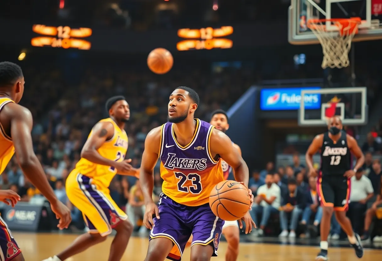 Los Angeles Lakers players competing against Miami Heat in an intense basketball game.