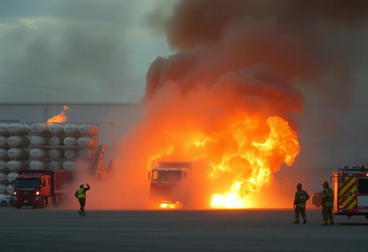 Firefighters responding to a vehicle fire with propane tank explosions in Lancaster.