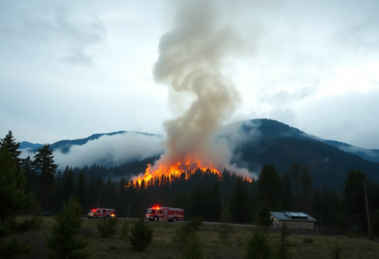 Wildfire burning in Los Angeles County with emergency response teams.