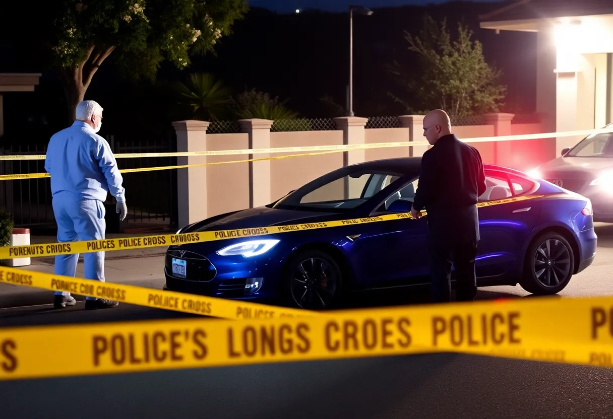 Forensic investigation scene involving a Tesla sedan in Los Angeles.