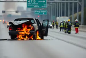 Burned vehicle on I-405 Freeway after traffic collision