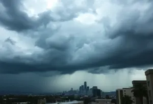 Dramatic storm clouds over Los Angeles skyline