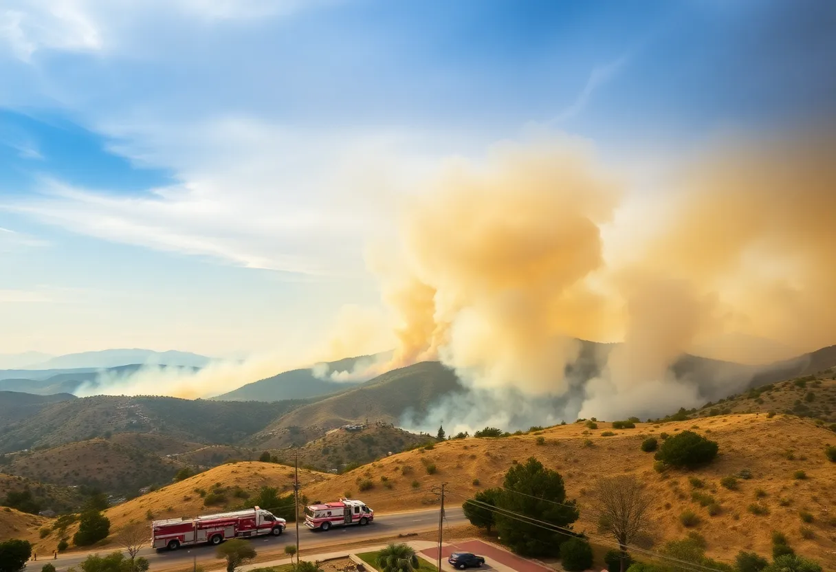 Aerial view of a wildfire in Los Angeles County with smoke and emergency vehicles.