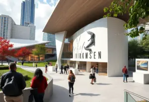 Exterior view of the Lucas Museum of Narrative Art under clear blue skies