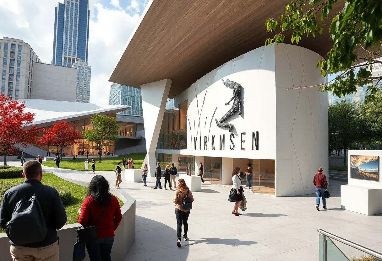 Exterior view of the Lucas Museum of Narrative Art under clear blue skies