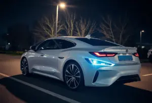A luxury vehicle parked in a well-lit secure area