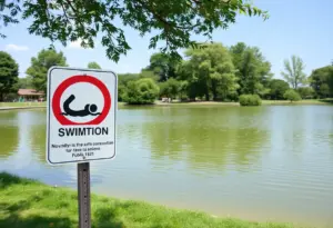 Public park lake with warning signs, emphasizing community safety