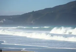 Malibu beach under high surf advisory with large waves