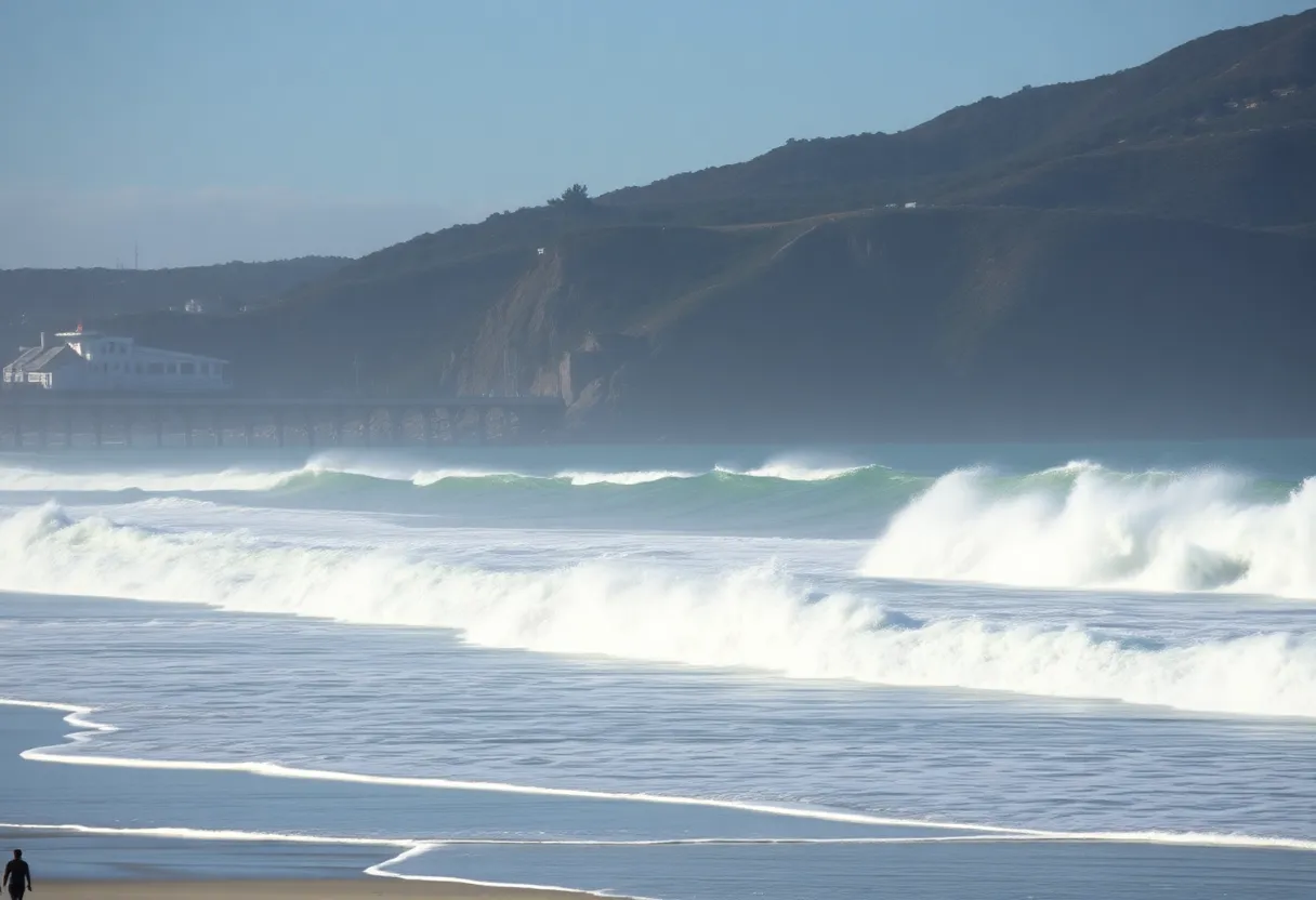 Malibu beach under high surf advisory with large waves