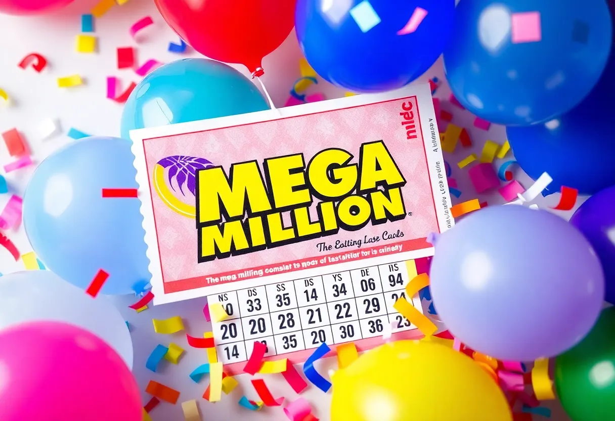 A Mega Millions lottery ticket with festive balloons and confetti.