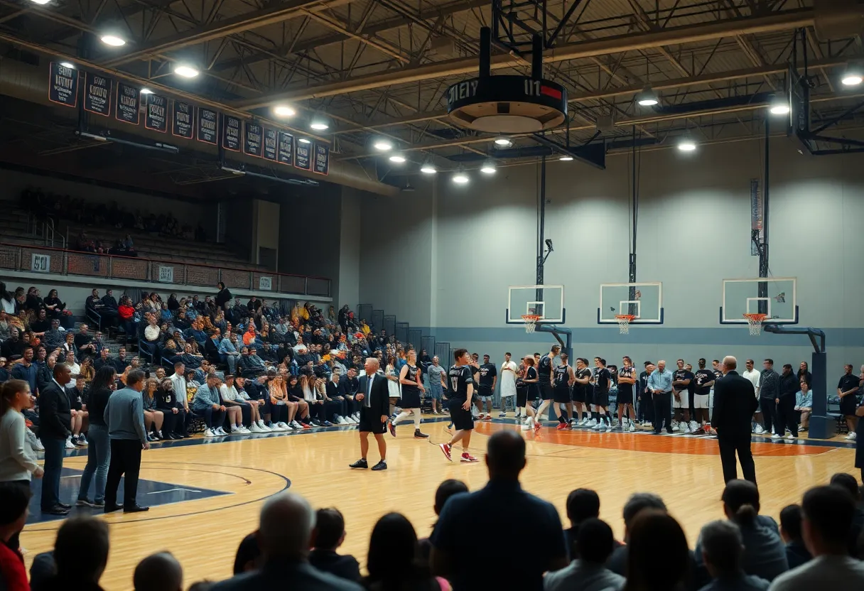 Basketball players on court during a game amid investigation