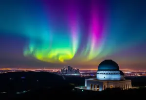 Vibrant Northern Lights illuminating the sky above Griffith Observatory in Los Angeles.