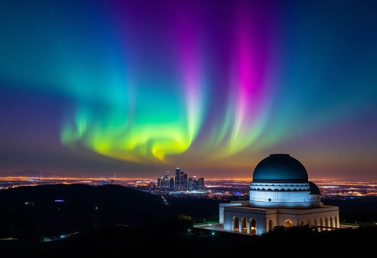 Vibrant Northern Lights illuminating the sky above Griffith Observatory in Los Angeles.
