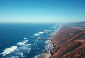 Aerial view of California coastline featuring oil drilling platforms